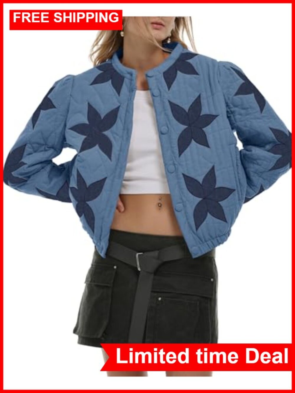 Gacaky Women Lightweight Floral Embroidered Quilted Jacket Winter Coat
